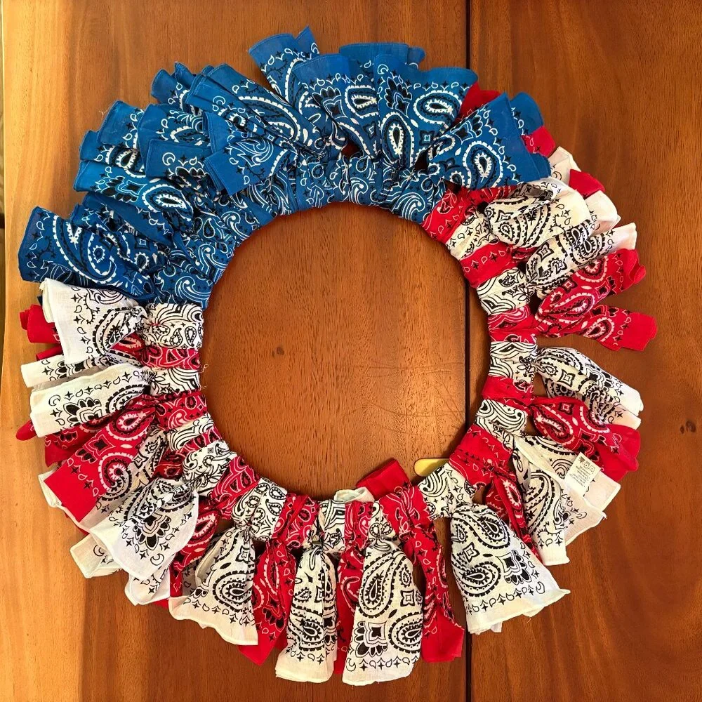 Handmade Patriotic Wreath Bandana Red White Blue Fourth of July 4th Veterans Day